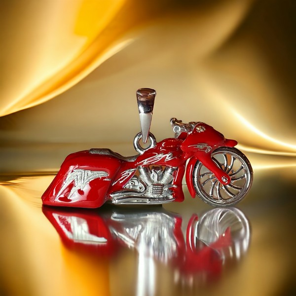 Sterling silver motorcycle pendant with and the fiery red enamel Humphreys Son Inc