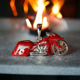 Sterling silver motorcycle pendant with and the fiery red enamel
